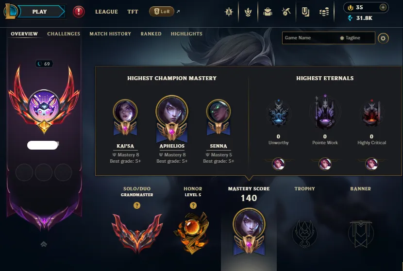 ADC🔥Grandmaster 750LP 58%WR Handleveled💎59Champs 37Skins 31K BE🏆Master Rewards✅Lifetime Ownership Guarantee - Never Taken Back